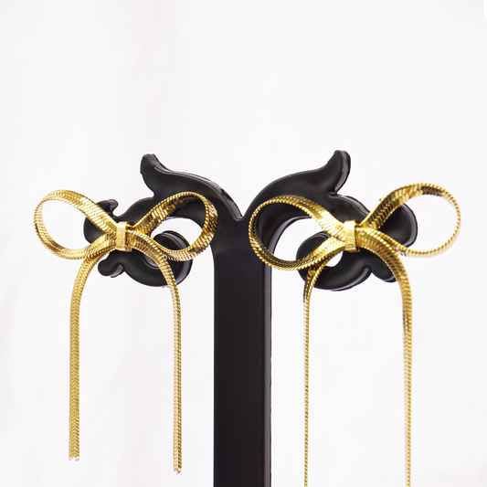 Bow-Tiful Ribbon Knot Bow Hanging Dangle Gold Earrings for Women