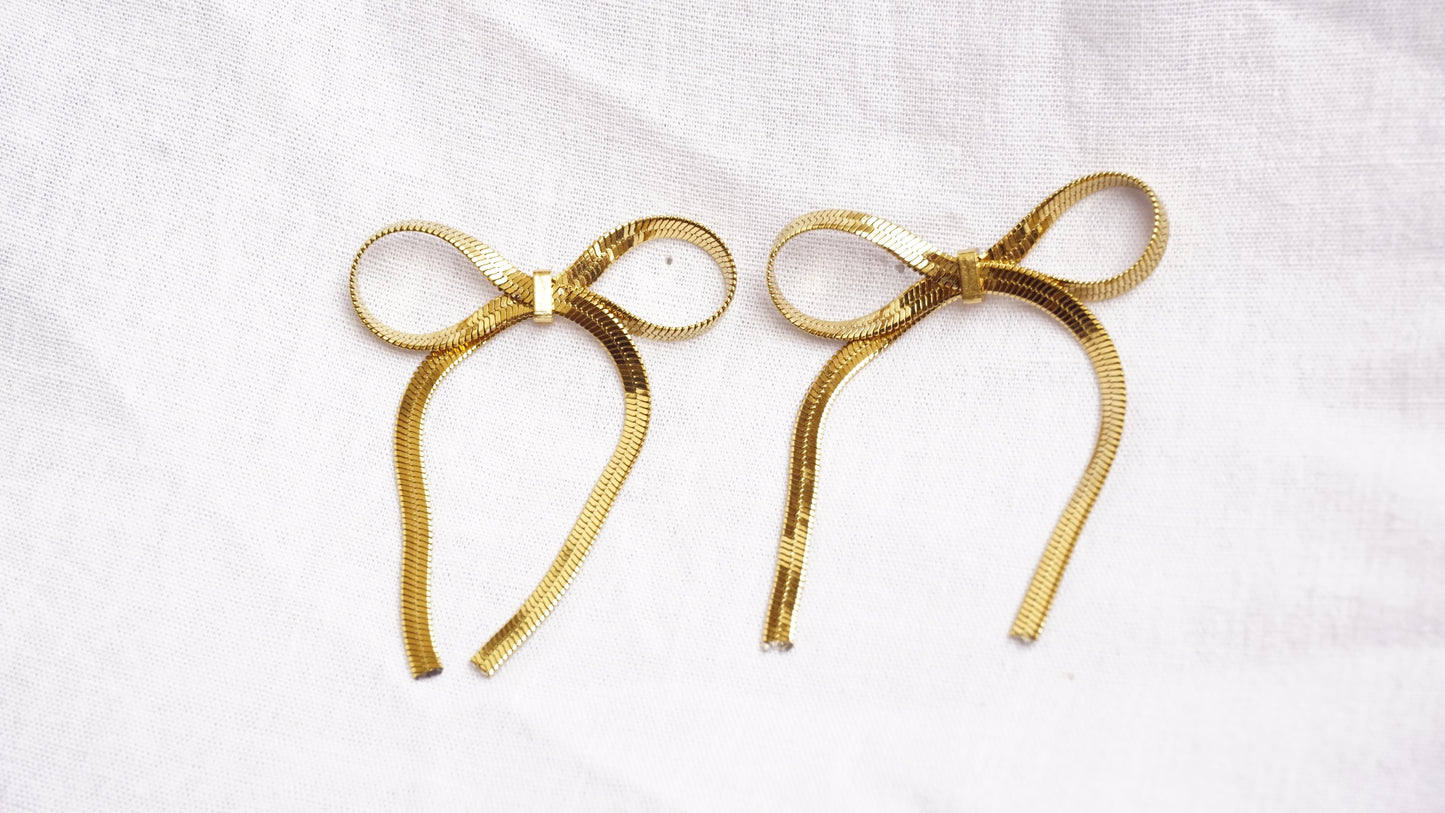 Bow-Tiful Ribbon Knot Bow Hanging Dangle Gold Earrings for Women