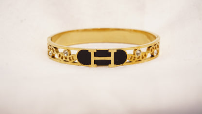 Bangle with Black Enamel and Crystal Details