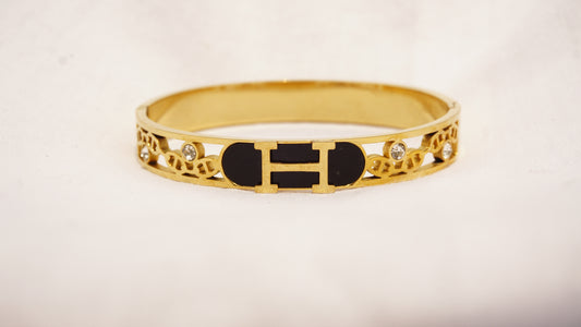 Bangle with Black Enamel and Crystal Details