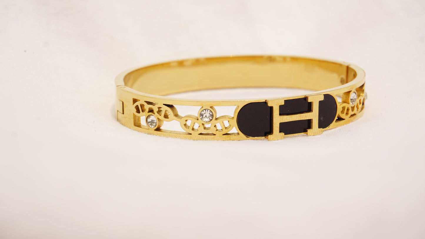 Bangle with Black Enamel and Crystal Details