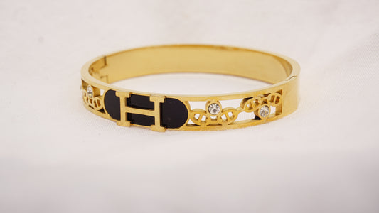 Bangle with Black Enamel and Crystal Details